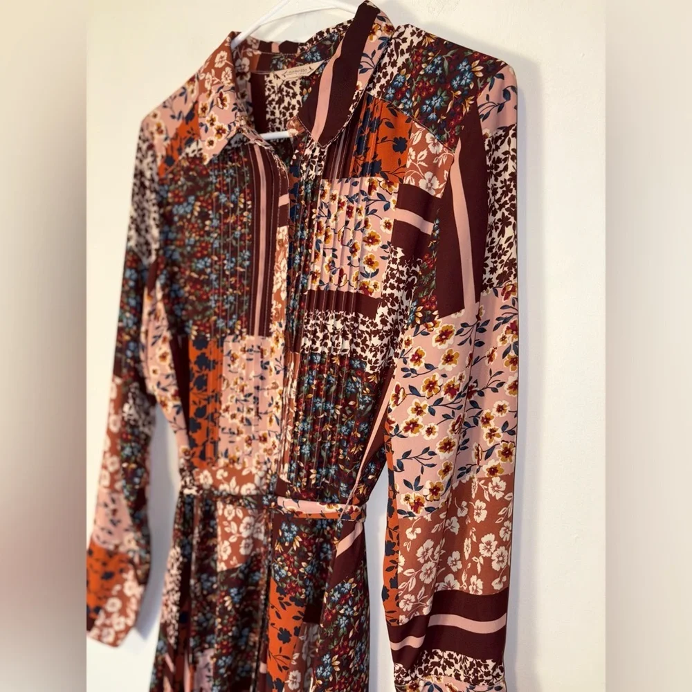 NANETTE LEPORE Button Up Patchwork Shirtdress Tie Waist Pintuck Long Sleeve Sz 8 - Picture 3 of 10